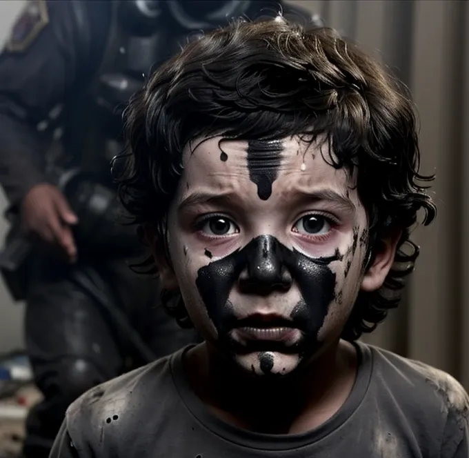 boy covered in soot during an explosion scene in a comedy drama