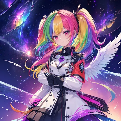 ((Archangel　Fantasy　Rainbow Hair　Make your hair rainbow-colored on the inside　Twin tails　Dull red eyes　There is a galaxy　uniform　Put on a coat without putting your arms through it　Wings many times larger than mine　rainbow gradient feathers　Lonely　Smiling K...