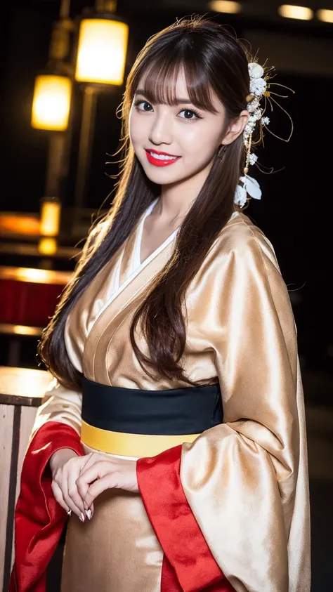 ((Highest quality、Tabletop、、Best image quality、Extremely intricate and detailed))、1 Beauty、red and gold courtesan costume、The most gorgeous and gorgeous oiran furisode、Gorgeous courtesan kimono、Luxurious tanning、(Blonde、Beautiful blonde、Elegantly tidy hair...