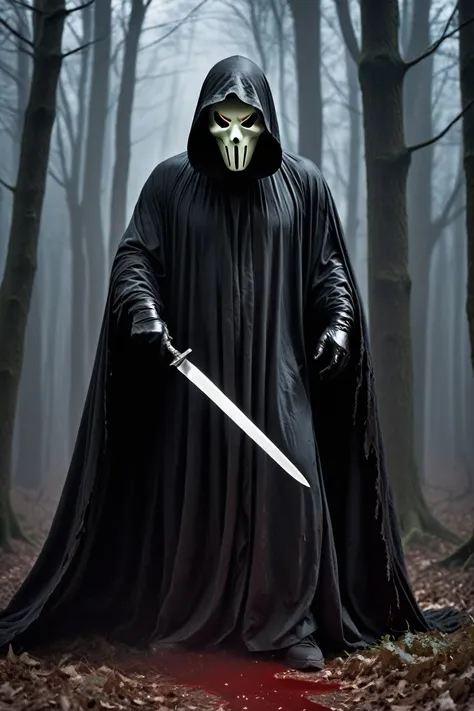 In a dark forest, a figure cloaked in black and wearing a white Ghostface mask lunges towards the camera, brandishing a knife. The figures face is obscured by shadows, illuminated only by the pale moonlight. The cloak has a textured, fabric appearance, whi...