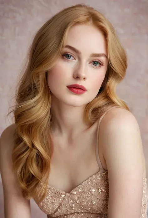 A small young woman with a pear-shaped body, narrow shoulders, small bust, narrow waist, wider hips, and full, rounded thighs. She has smooth, pale skin, long wavy strawberry blonde hair, large almond-shaped hazel eyes with thick dark lashes, a heart-shape...