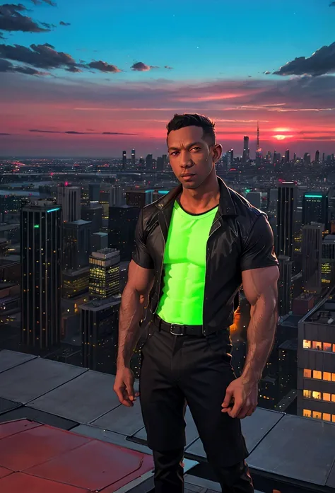 (solo), RAW Photo, photo of man Todder8 on a rooftop overlooking a bustling cityscape at twilight wearing contemporary clothes, (wearing shirt), glow of the setting sun, vibrant ambiance, athleticism, confidence,  rhythm, skyscrapers, neon lights, music, (...