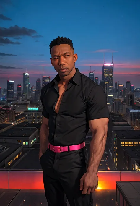 (solo), RAW Photo, photo of man Todder8 on a rooftop overlooking a bustling cityscape at twilight wearing contemporary clothes, (wearing shirt), glow of the setting sun, vibrant ambiance, athleticism, confidence,  rhythm, skyscrapers, neon lights, music, (...