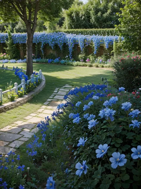 Amiricano in blue flowers garden