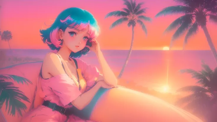 anime cute girl sun bathing with long dress, with long sleve, behind to palm trees and ocean with beautiful sunset in background, orenge and pink sky sunset, lofi girl, art deco outrun anime aesthestic, lofi artstyle, lofi girl aesthetic, lofi aesthetic, 8...