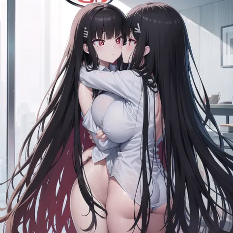 riotsukatsuki, rio, black hair, (red eyes:1.5), hair ornament, hairclip, halo, long hair,
、Extremely large breasts(4700)、 Huge 、Two people hugging each other、lingerie、Wet body