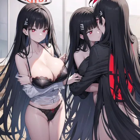 riotsukatsuki, rio, black hair, (red eyes:1.5), hair ornament, hairclip, halo, long hair,
、Extremely large breasts(4700)、 Huge 、Two people hugging each other、lingerie、Wet body