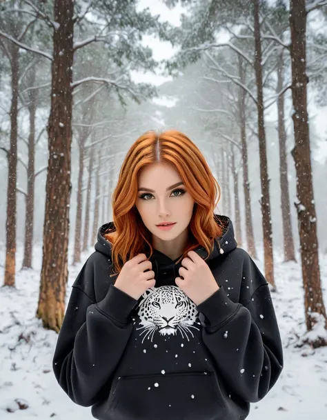 A hyper-realistic portrait of a young woman with striking orange hair, styled in loose waves. She is wearing a stylish hoodie with a leopard print and an inner orange lining, over a black crop top. The background features a serene, snowy forest with softly...