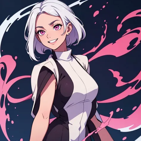 short white hair, highres, high resolution, masterpiece, wide dark pink eyes, looking right, looking towards the right, looking rightward, looking downwards, looking more down, slightly looking down, head tilted down, talking, grinning, confident, masterpi...