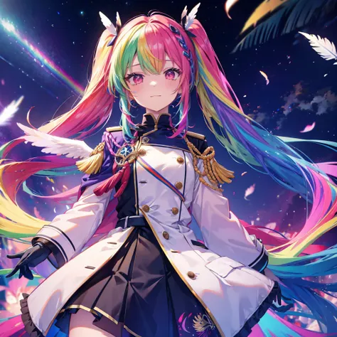 ((archangel　fantasy　rainbow hair　make your hair rainbow-colored on the inside　twin tails　dull red eyes　there is a galaxy　uniform...