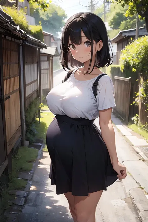 masterpiece, Highest quality, Super detailed, Best Shadow, Beautifully detailed face,  High Contrast,Modern Japan、A beautiful 40-year-old pregnant woman wearing a long white skirt dress. Walking along a Japanese country road surrounded by rice fields. Big ...