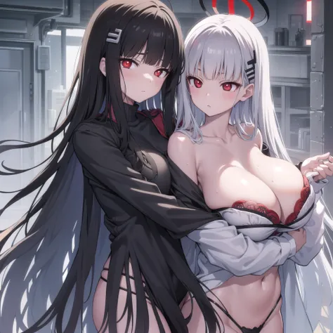 riotsukatsuki, rio, black hair, (red eyes:1.5), hair ornament, hairclip, halo, long hair,
、Extremely large breasts(4700)、 Huge 、Two people hugging each other、lingerie、Wet body