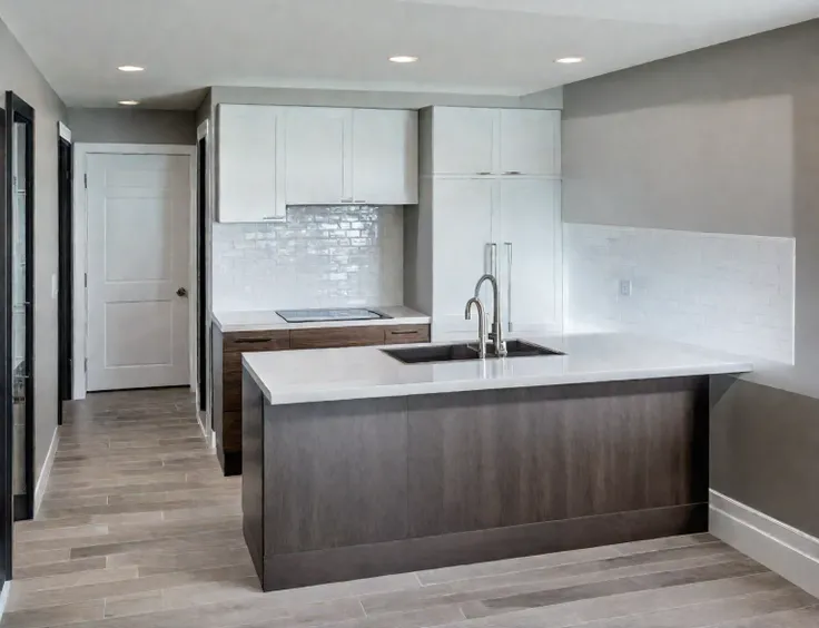 Modern kitchen, kitchen, sleek design, clean lines, stainless steel appliances, polished quartz countertops, matte white and dark wood cabinetry, large island, bar stools, glossy subway tile backsplash, open shelves, pendant lights, neutral-toned tile floo...