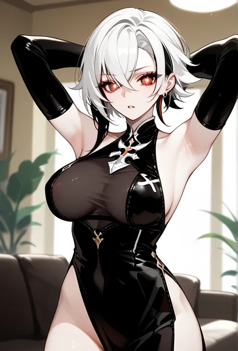 arlecchino, genshin impact, mature woman, mature face, hot face, emotionless face, (red pupils, X shaped pupils), sharp eyes, (cool beauty), white hair, mature body, dominant, living room, raising arms, hands behind head, armpits exposed