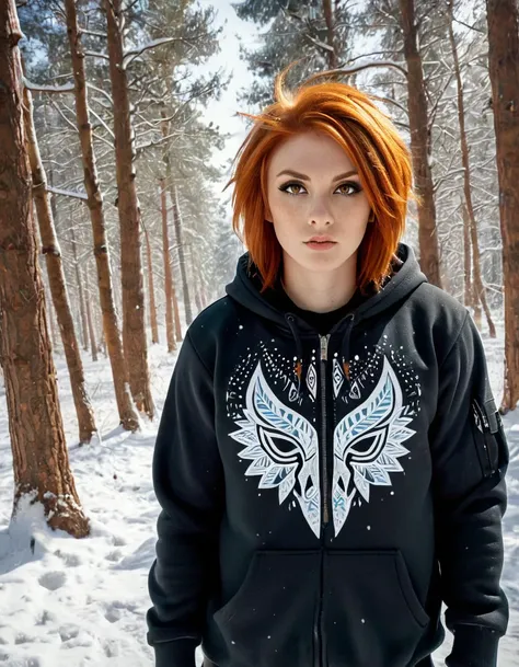 A hyper-realistic portrait of a fierce warrior with orange hair, wearing a fur-lined hoodie with tribal patterns, set in a snowy forest with a dramatic atmosphere.