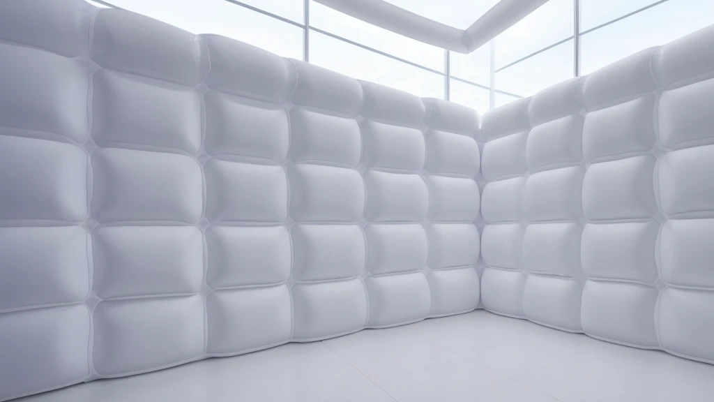 A wall composed of inflatable blocks，Front view，Realistic of a inflatable installation in the shape, white inflatable plastic film material, wrapped in a white polyester sheet. close-up，，minimalist, most best quality,32K Ultra HD, super detail, best qualit...