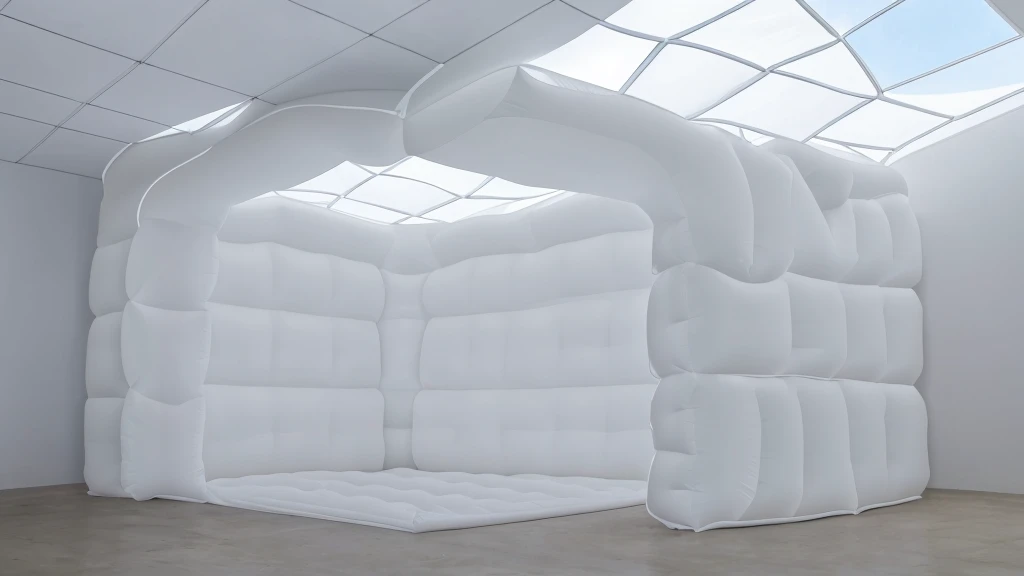 A wall composed of inflatable blocks，Front view，Realistic of a inflatable installation in the shape, white inflatable plastic film material, wrapped in a white polyester sheet. close-up，，minimalist, most best quality,32K Ultra HD, super detail, best qualit...