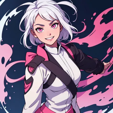 short white hair, highres, high resolution, masterpiece, wide dark pink eyes, looking right, looking towards the right, looking rightward, looking downwards, looking more down, seriously looking down, head facing down head tilted down, talking, grinning, c...