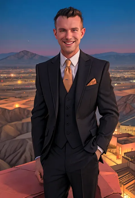 (solo), RAW Photo, photo of man Todder8 on a rooftop overlooking a small city at twilight wearing classic dapper clothes, (wearing suit), glow of the setting sun, vibrant ambiance, desert mountains, neon lights, music, (jet magazine), male, smiling, short ...