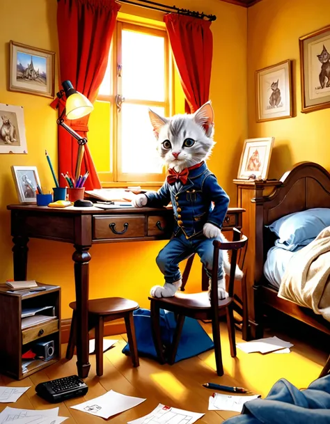 (photo film style), anthropomorphic, cute kitten, , in his room, studying, 2D, colorful, warm atmosphere, shiny, Jean-Baptiste Monge style, Alan Lee style