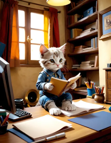 (photo film style), anthropomorphic, cute kitten, , in his room, studying, 2D, colorful, warm atmosphere, shiny, Jean-Baptiste Monge style, Alan Lee style