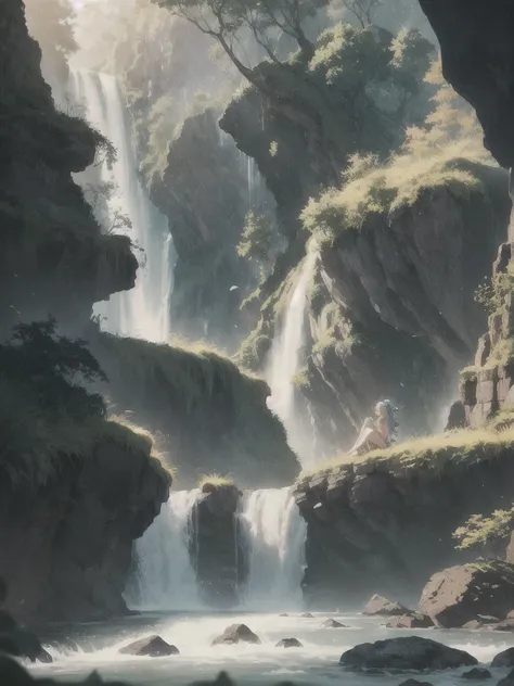 Waterfall conveys four adventurers natural fantasy landscape fairy green, Golden Ratio, アニメーションのdetailed, delicate, QuixelMegascans Trend, Perfect Image, Ultra-high resolution, Perfect composition, detailed, Super Color, (Skin with attention to detail: 1.2...