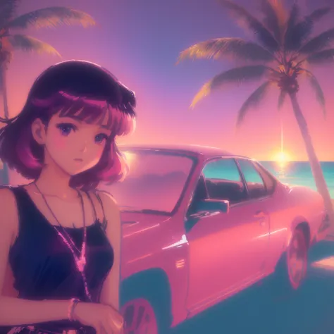 anime cute girl sun bathing with long dress on the sand, behind palm trees and ocean with beautiful sunset in background , lofi girl, art deco outrun anime aesthestic, lofi artstyle, lofi girl aesthetic, lofi aesthetic, 8 0s anime vibe, lofi art, anime vib...