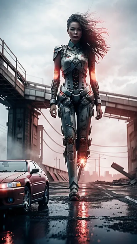 A asian beautiful giant robot, with red details, walking in a bridge, many abandoned cars, post apocalyptic scene. The illustration is in high definition at 4k resolution, with highly-detailed  features and cinema-style visuals. Animation 3d style, hyper r...