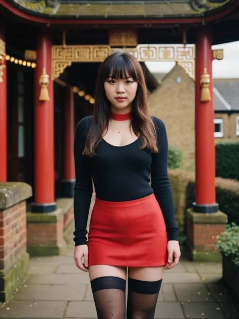 best quality, Charm a young girl 18 years old Chinese bangs fair skin beautiful girl chest exposed black stockings standing in the UK, Northern Ireland, Beads, Shot with Leica M3 135mm f1.Limited to 8 people