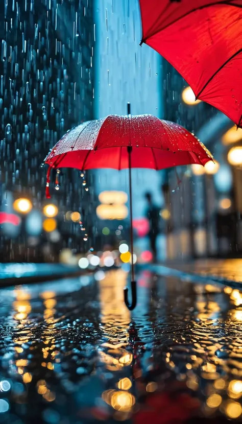 Rainy Day，Water droplets on the glass，Blurry red umbrella，Night view