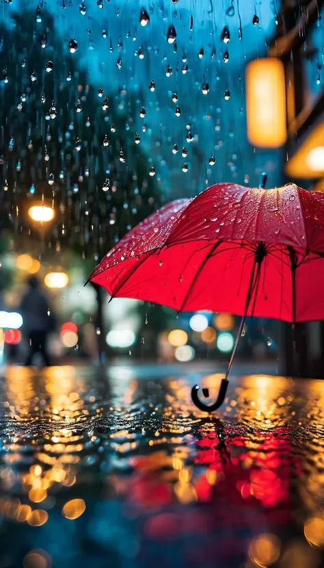 Rainy Day，Water droplets on the glass，Blurry red umbrella，Night view