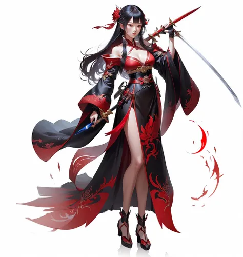 A woman in red holding a sword，Dressed in red, Full body fairy, Full body martial arts, Onmyoji detailed art, she is holding a sword, Inspired by Guillaume, heise jinyao, Inspiration from Du Qiong, 剑 zero video game character,Long Sword, xianxia hero