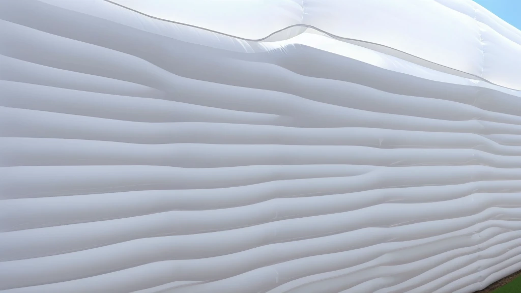 A wall composed of inflatable blocks，Front view，Realistic of a inflatable installation in the shape, white inflatable plastic film material, wrapped in a white polyester sheet. close-up，，minimalist, most best quality,32K Ultra HD, super detail, best qualit...