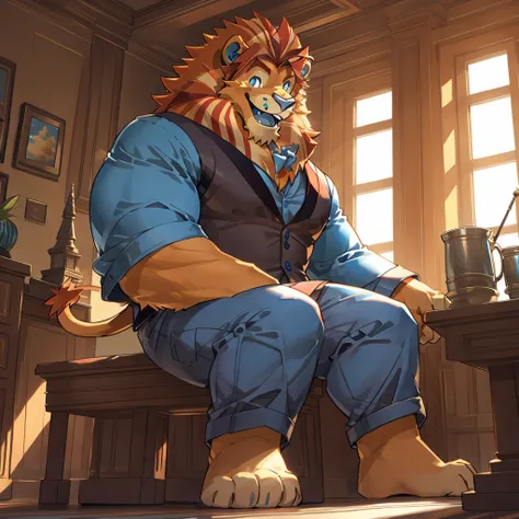 solo, male focus, lloydip, lion, blue eyes, blue nose, blue tongue, mane, vest, shirt, bow, sitting, looking at viewer, smile, open mouth, teeth, detailed bedroom background, sunlight, masterpiece, intricate, ((detailed face, detailed eyes)), (by takemoto ...