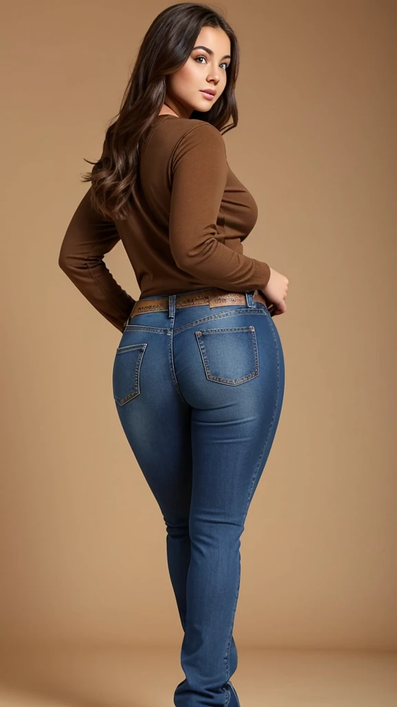 young woman with big ass wearing blue jeans and thick hips and thighs with brown shirt with big  standing to the right showing butt