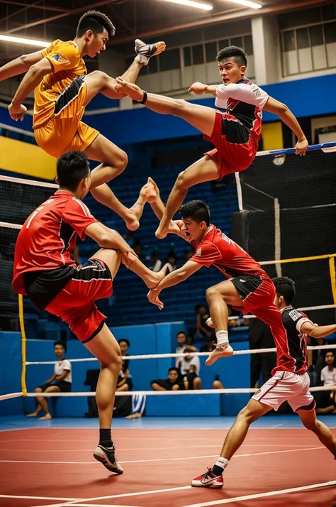 Fight between 3 people
Fighting with sports across the net
Malaysian Sepak Takraw, hot and fierce, strong version.
Jumping somersaults and kicking Sepak Takraw