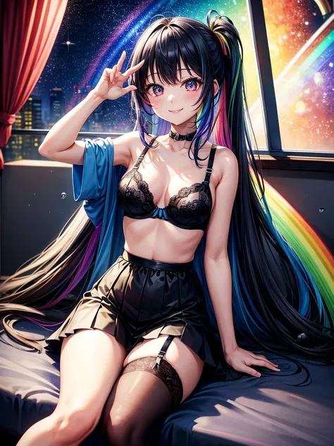 Highest quality,Highest Resolution,４K quality,Rainbow city night view outside large window in modern bedroom((Rainbow colors))の下着着用のsmileの女性の横顔,Jet black ponytail,Dark room,((Rainbow colors))Sexy lingerie,Many water drops on the window,garter belt,High leg...