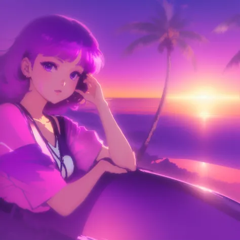 anime cute girl sun bathing with long dress, purple car with palm trees and ocean with beautiful sunset in background , lofi girl, art deco outrun anime aesthestic, lofi artstyle, lofi girl aesthetic, lofi aesthetic, 8 0s anime vibe, lofi art, anime vibes,...