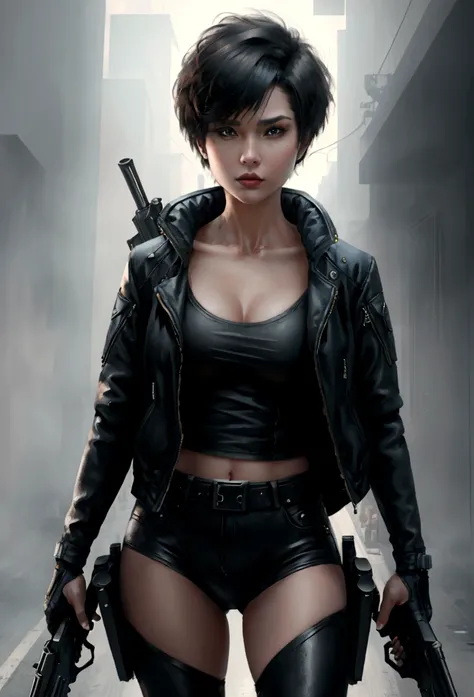 woman short hair. very sexy body in black jacket. with two guns shooting terminator