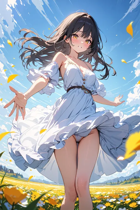 (masterpiece, best quality:1.5), (ultra detailed, high resolution, 8k, beautiful detailed, UHD, best anatomy), black hair, flat breasts, 1 cute girl, knee-length dress, Flower fields spread over meadows, got his hands outstretched, Petals are dancing in th...