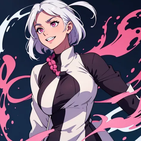 short white hair, highres, high resolution, masterpiece, wide dark pink eyes, looking right, looking towards the right, looking rightward, looking downwards, looking more down, seriously looking down, head facing down head tilted down, talking, grinning, c...