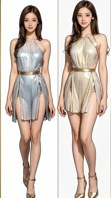 ((masterpiece)),(((Highest quality))),((Character design sheet)),Thin thighs,Long legs,((woman, alone, Long Hair)),Innocent look, Bare arms, Expose your shoulders, Gold and silver see-through dress,Golden Hair，The best smile，