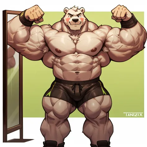 Huge muscular thick Polar Bear bodybuilder shirtless in black gym shorts and wristbands flexing and posing at the mirror looking at his muscles pumped and swelling up.
