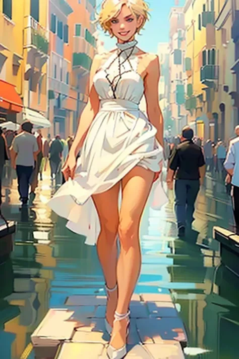 venice, italy. athletic blonde woman, (short hair), tomboy, cute, ((smile)), white sundress, wedge heels, light makeup. masterpi...