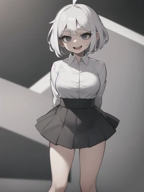 ((masterpiece, best quality)), (1girl), (solo), (female focus), (ahoge, white hair, short hair), black eyes, light smile, open mouth, ((white shirt), (buttoned shirt), (button gap)), ((black skirt), (( naked skirt)), standing, white background, arms behind...