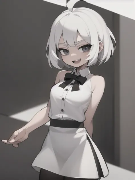 ((masterpiece, best quality)), (1girl), (solo), (female focus), (ahoge, white hair, short hair), black eyes, light smile, open mouth, ((white shirt), (buttoned shirt), (button gap)), ((black skirt), (( naked skirt)), standing, white background, arms behind...