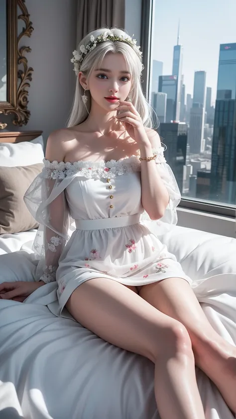 （(Girl lying in bed))、beauty、 A girl、Solitary、Long hair、Viewer、Smile、（Eyes closured)、Hair accessories、、gem、White hair、shut your mouth、Upright banganicur、bracelet、Lips、Gray eyes、image、Red nails、closure、赤いLips、Put your hands on your face、Put hand on cheek、()...