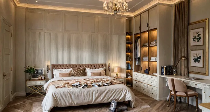 Raw photo,Masterpiece, high quality, best quality, authentic, super detail,
indoors, beed room, neoclassical style, wooden floors,doors, windows, plaster ceilings, can lights, spotlights, beds, floor mats, bedside lamps, bedside wooden slats, wardrobes, wa...