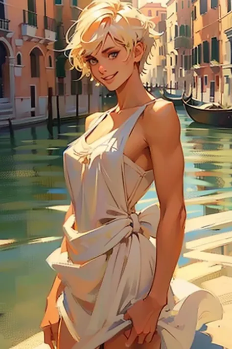 venice, italy. athletic blonde woman, (short hair), tomboy, cute, ((smile)), white sundress, wedge heels, light makeup. masterpi...