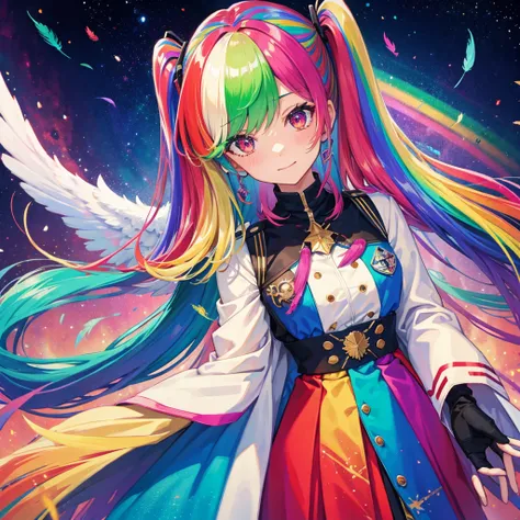 ((Archangel　Fantasy　Rainbow Hair　Make your hair rainbow-colored on the inside　Twin tails　Dull red eyes　There is a galaxy　uniform　Put on a coat without putting your arms through it　Wings many times larger than mine　rainbow gradient feathers　Lonely　Smiling K...